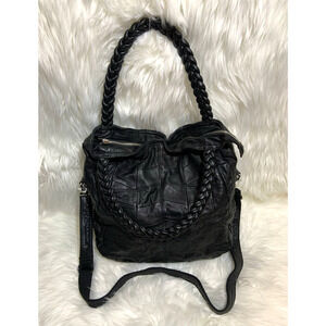 Women's Patchwork Design Double Handle Braided Leather Crossbody Handbag Black